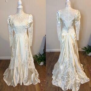 Union Made 80’s Satin Lace Wedding Dress High Neck, Puff Sleeves, Bustle Sz 8